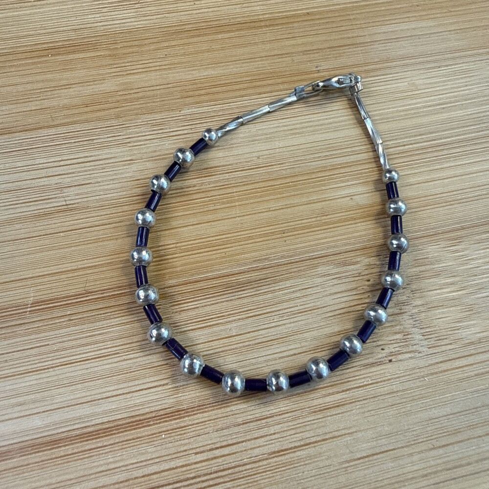 DAINTY SMALL BRACELET SILVER AND DARK PURPLE BEADED UNBRANDED